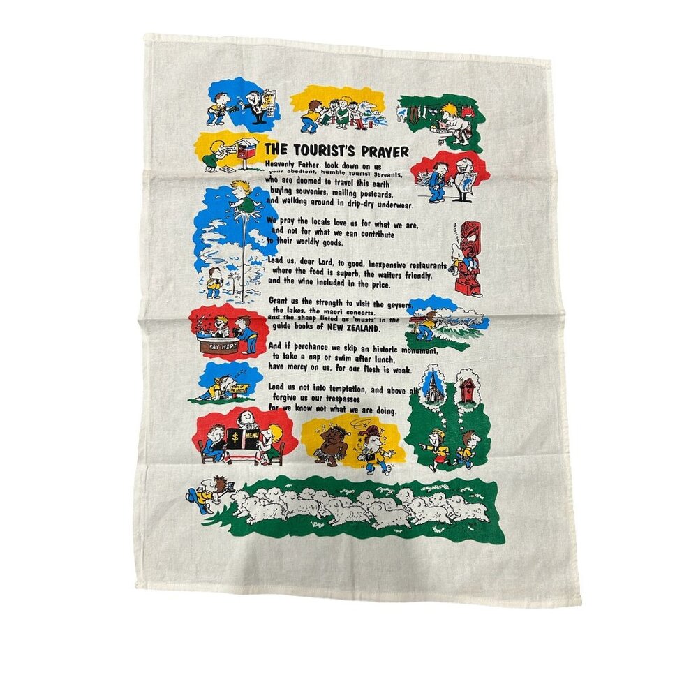 Vintage New Zealand Souvenir Tea Towel With "The Tourists Prayer" Print Retro